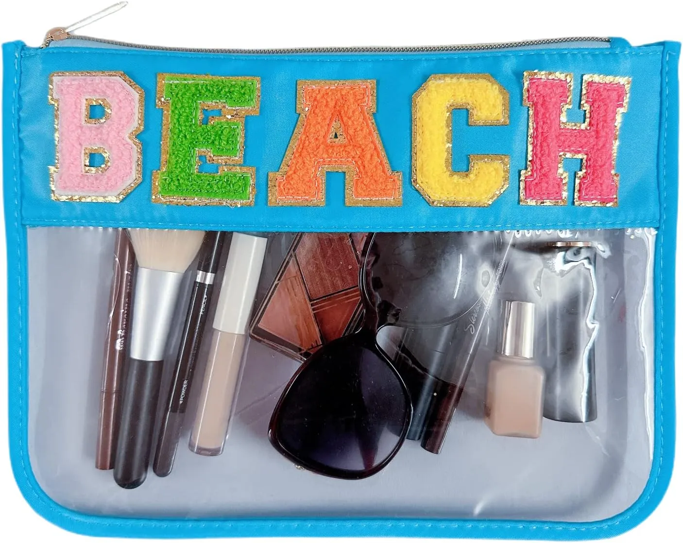 Clear Makeup Letter Bag Chenille Letter Preppy Clear Makeup Cosmetic Toiletry Pouches bag for Women Girls (Blue-Beach)