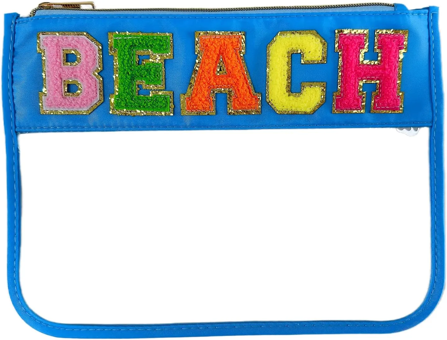 Clear Makeup Letter Bag Chenille Letter Preppy Clear Makeup Cosmetic Toiletry Pouches bag for Women Girls (Blue-Beach)