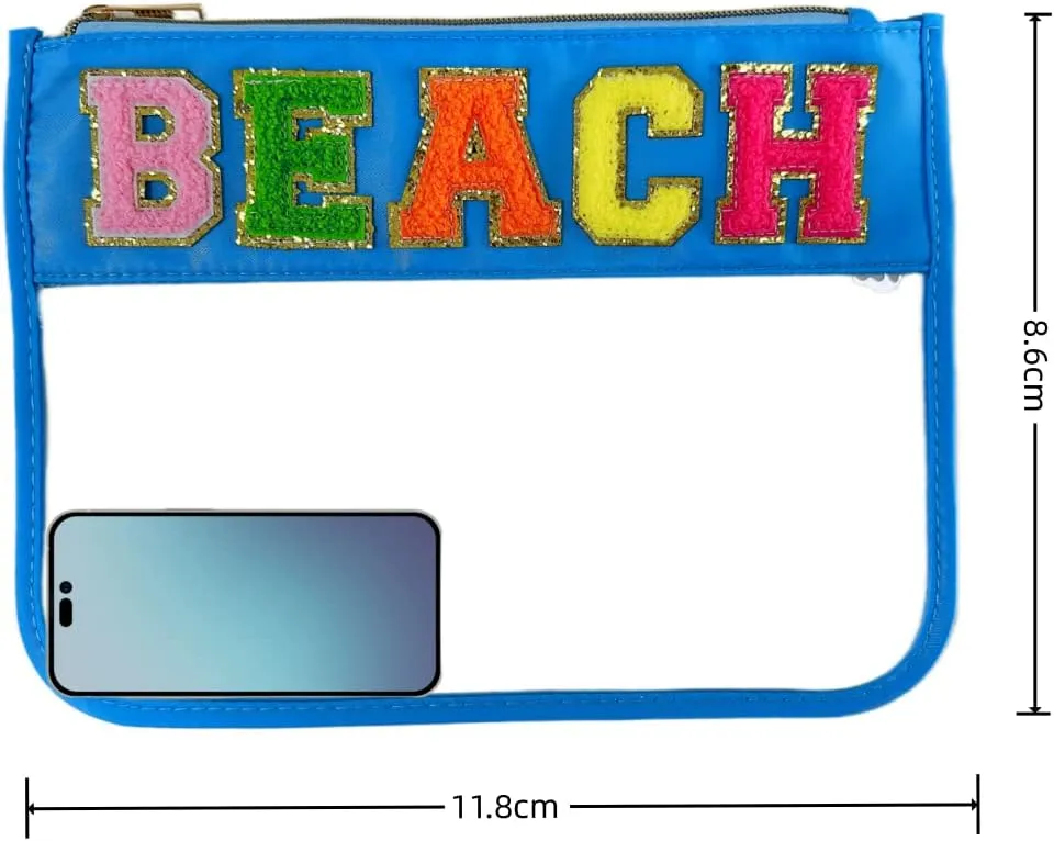 Clear Makeup Letter Bag Chenille Letter Preppy Clear Makeup Cosmetic Toiletry Pouches bag for Women Girls (Blue-Beach)