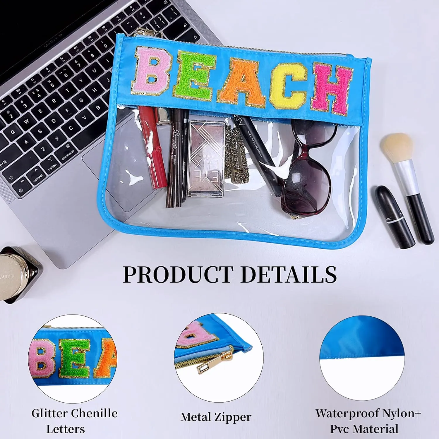 Clear Makeup Letter Bag Chenille Letter Preppy Clear Makeup Cosmetic Toiletry Pouches bag for Women Girls (Blue-Beach)