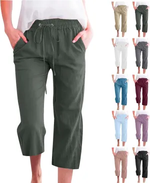 Clearance,Capri Pants for Women Casual Summer Cotton Linen Capris Drawstring Elastic High Waist Pants Wide Leg Cropped Trouser