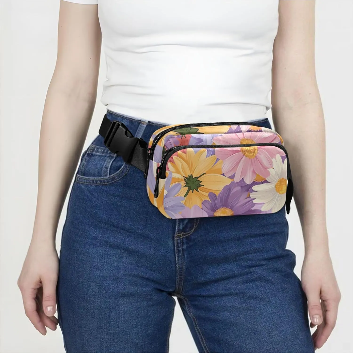 Colorful Daisy Floral Purple Waterproof Fanny Packs for Women Everywhere Belt Bag Neon Waist Pouches for Men
