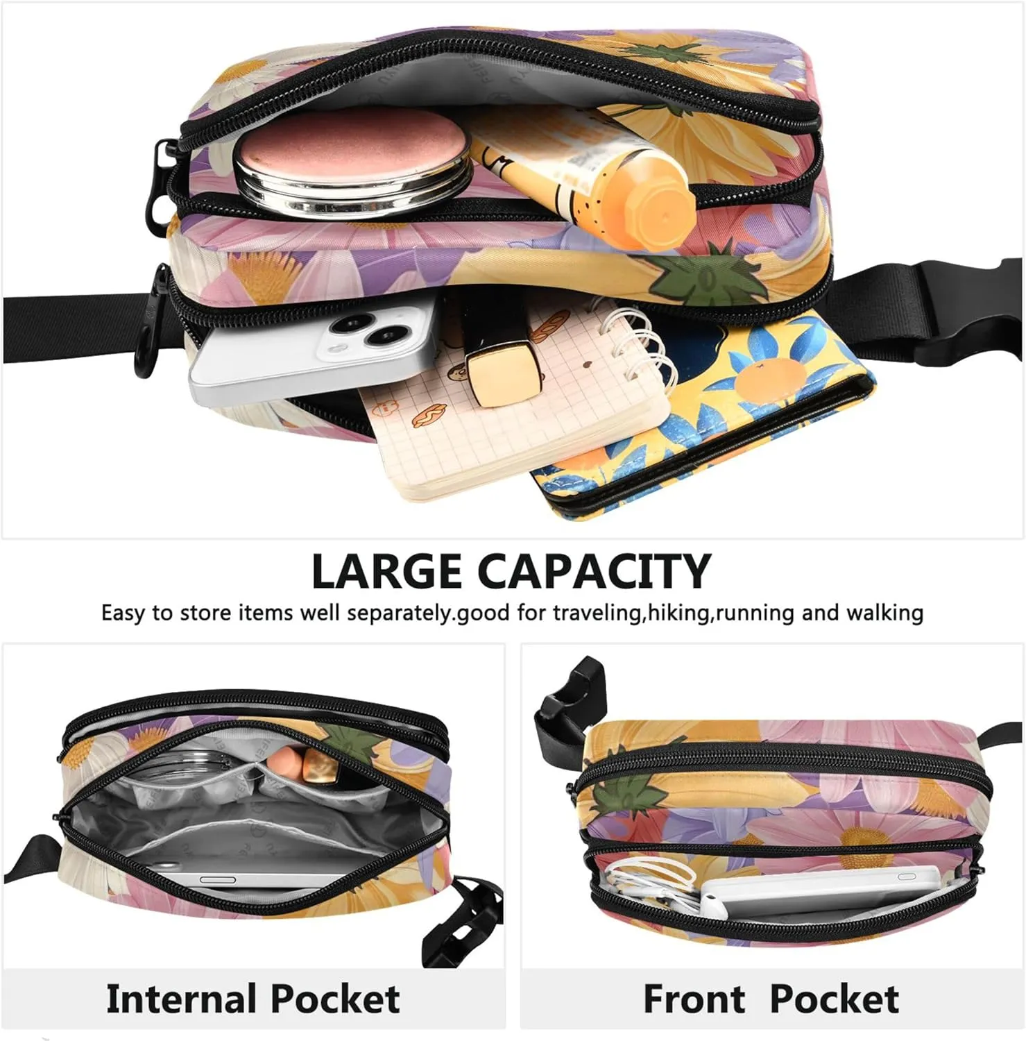 Colorful Daisy Floral Purple Waterproof Fanny Packs for Women Everywhere Belt Bag Neon Waist Pouches for Men
