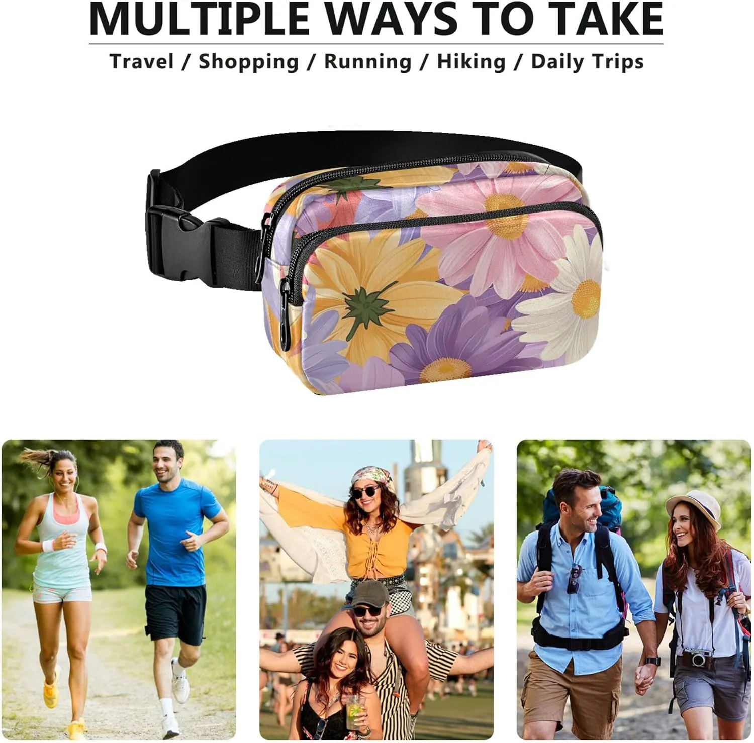 Colorful Daisy Floral Purple Waterproof Fanny Packs for Women Everywhere Belt Bag Neon Waist Pouches for Men