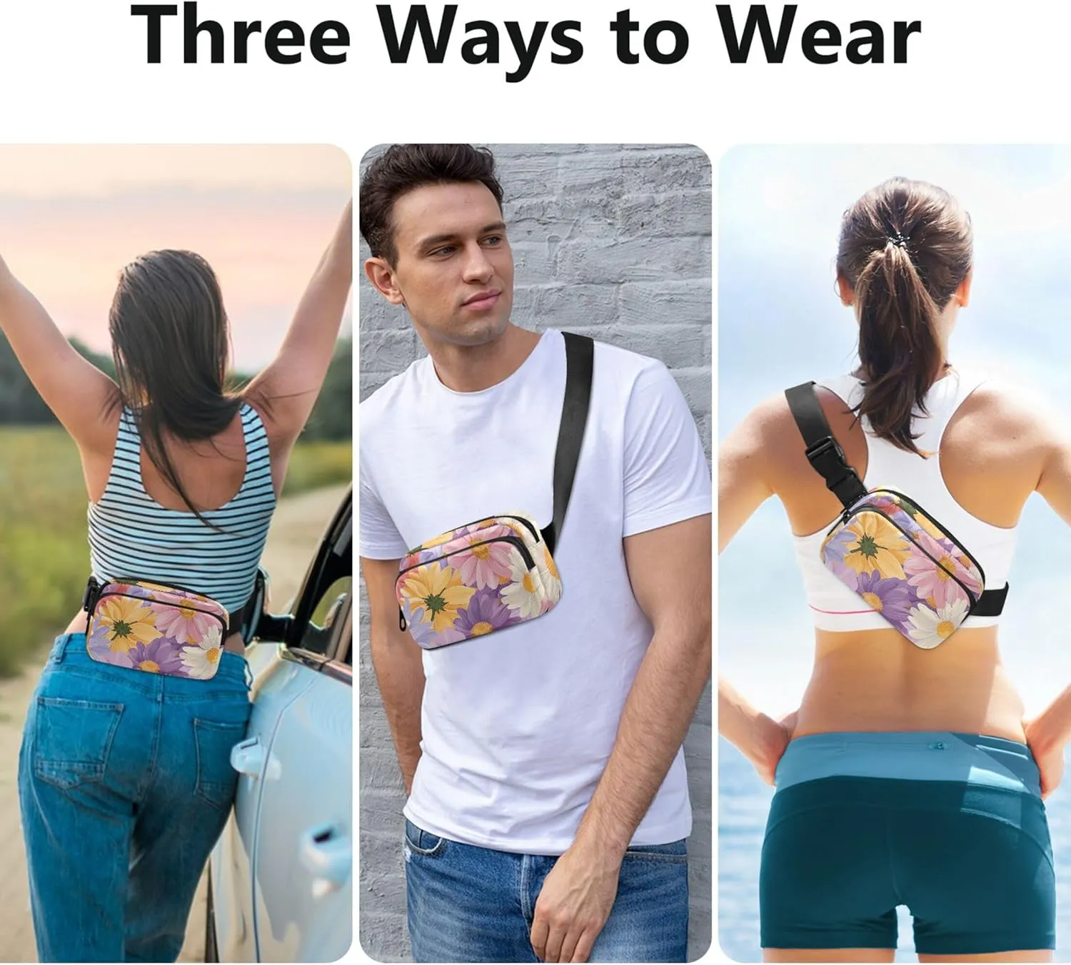 Colorful Daisy Floral Purple Waterproof Fanny Packs for Women Everywhere Belt Bag Neon Waist Pouches for Men