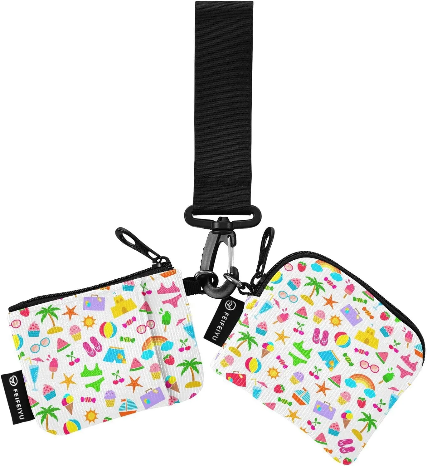 Colorful Summer Pattern Small Wallet for Women Portable Wristlet Keychain Coin Purse with 2 Zipper Pouches