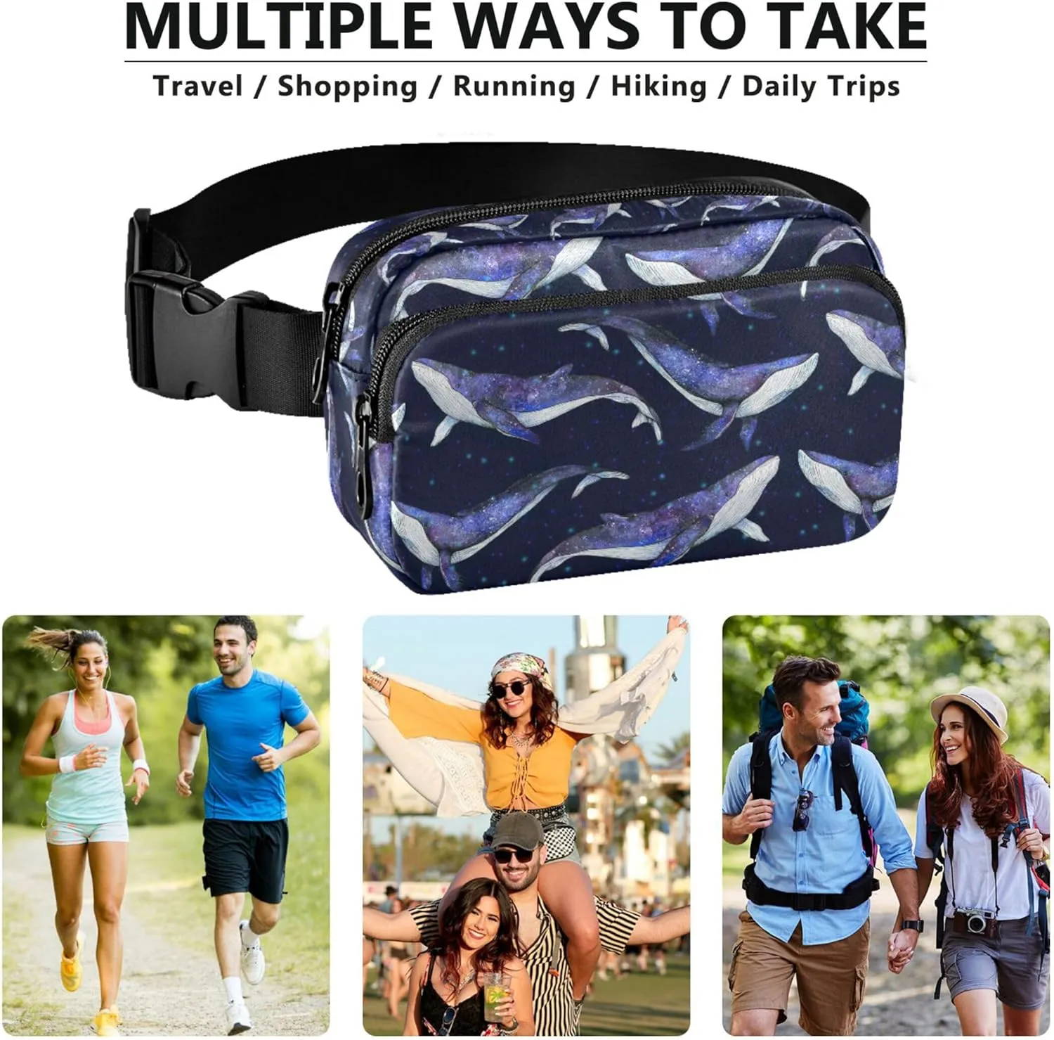 Cosmic Whales Watercolor Women Fanny Packs Bright Color Hip Pack Belt Bag Waterproof Waist Pouches for Men