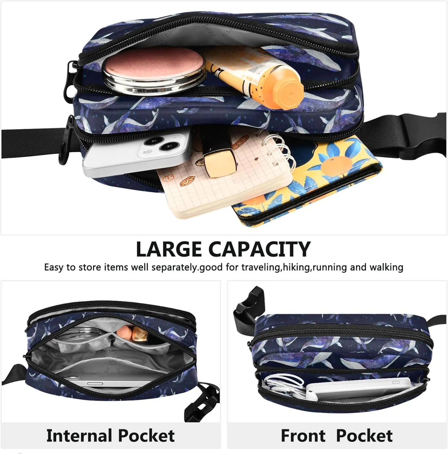 Cosmic Whales Watercolor Women Fanny Packs Bright Color Hip Pack Belt Bag Waterproof Waist Pouches for Men