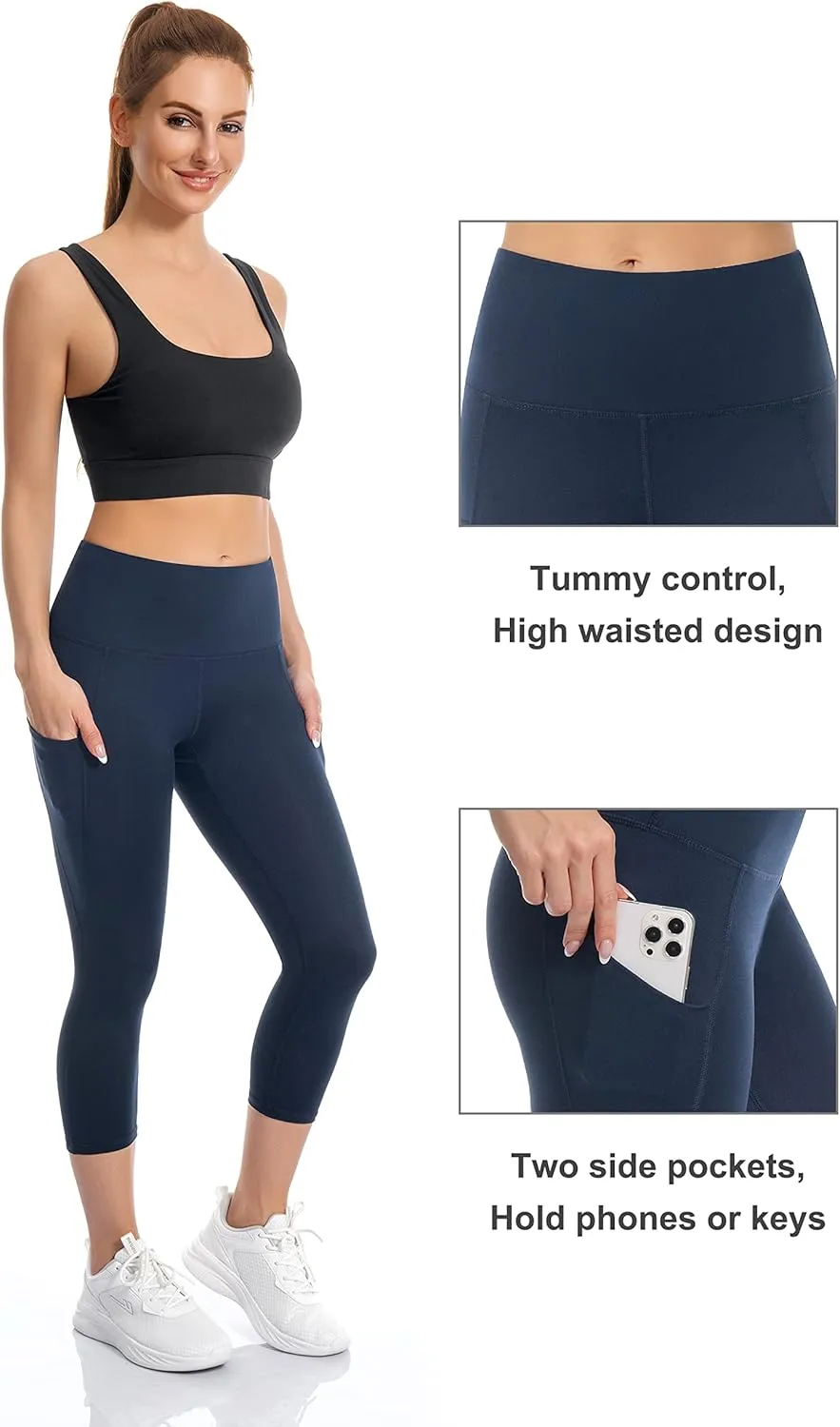 Custer's Night Women's High Waisted Yoga Capris with Pockets Tummy Control Workout Sports Running Capri Leggings