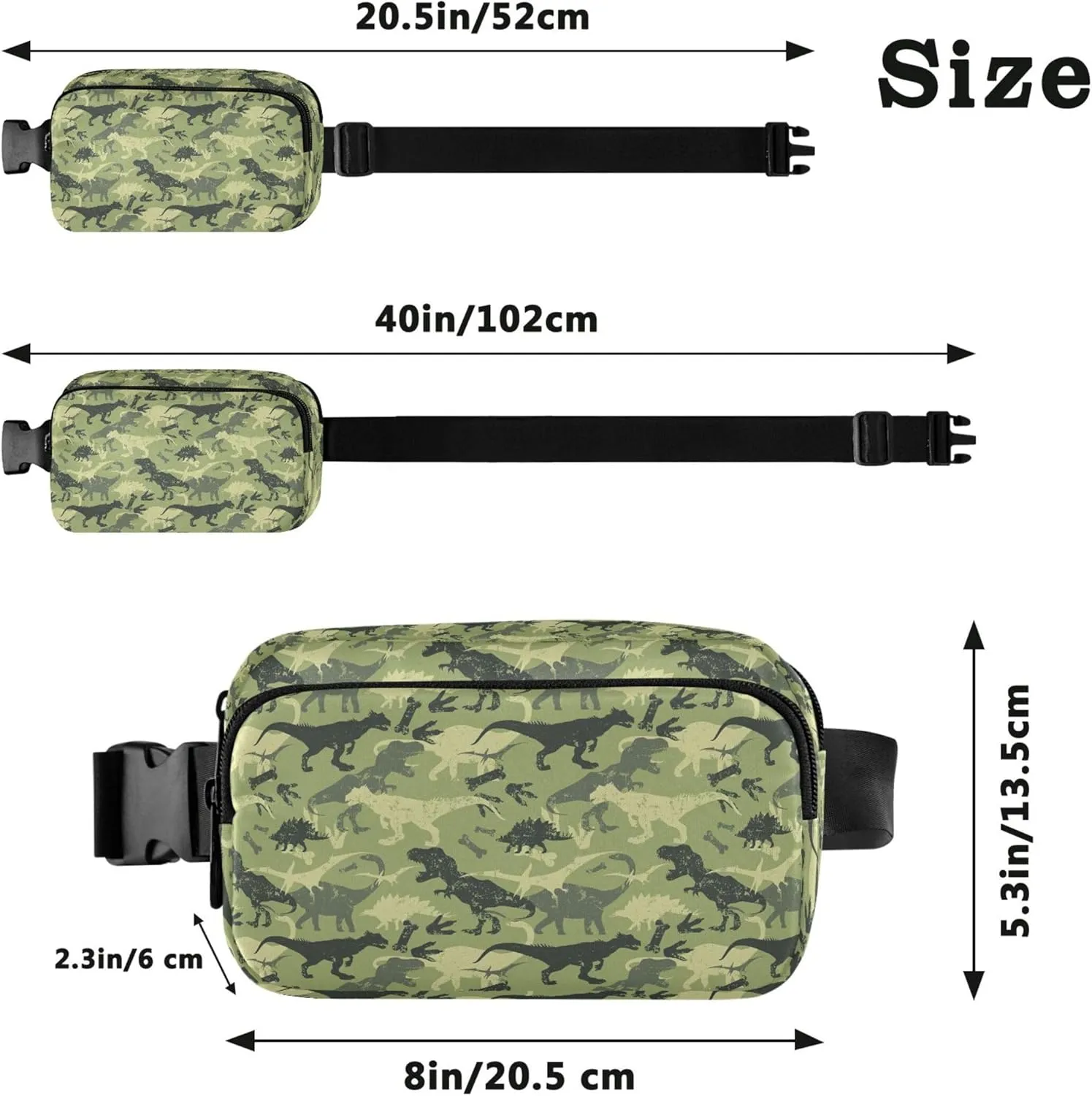 Custom Camouflage Dinosaur Green Women Fanny Packs Waterproof Hip Pack Belt Bag Festival Waist Pouches for Men