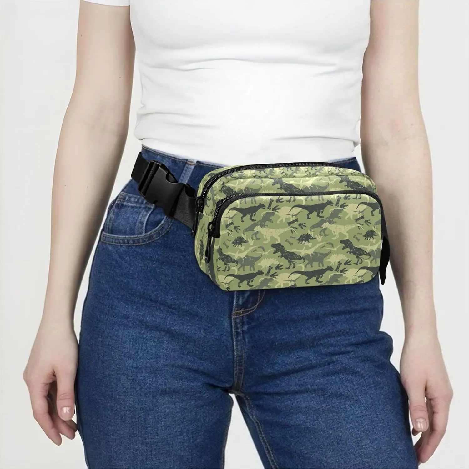 Custom Camouflage Dinosaur Green Women Fanny Packs Waterproof Hip Pack Belt Bag Festival Waist Pouches for Men