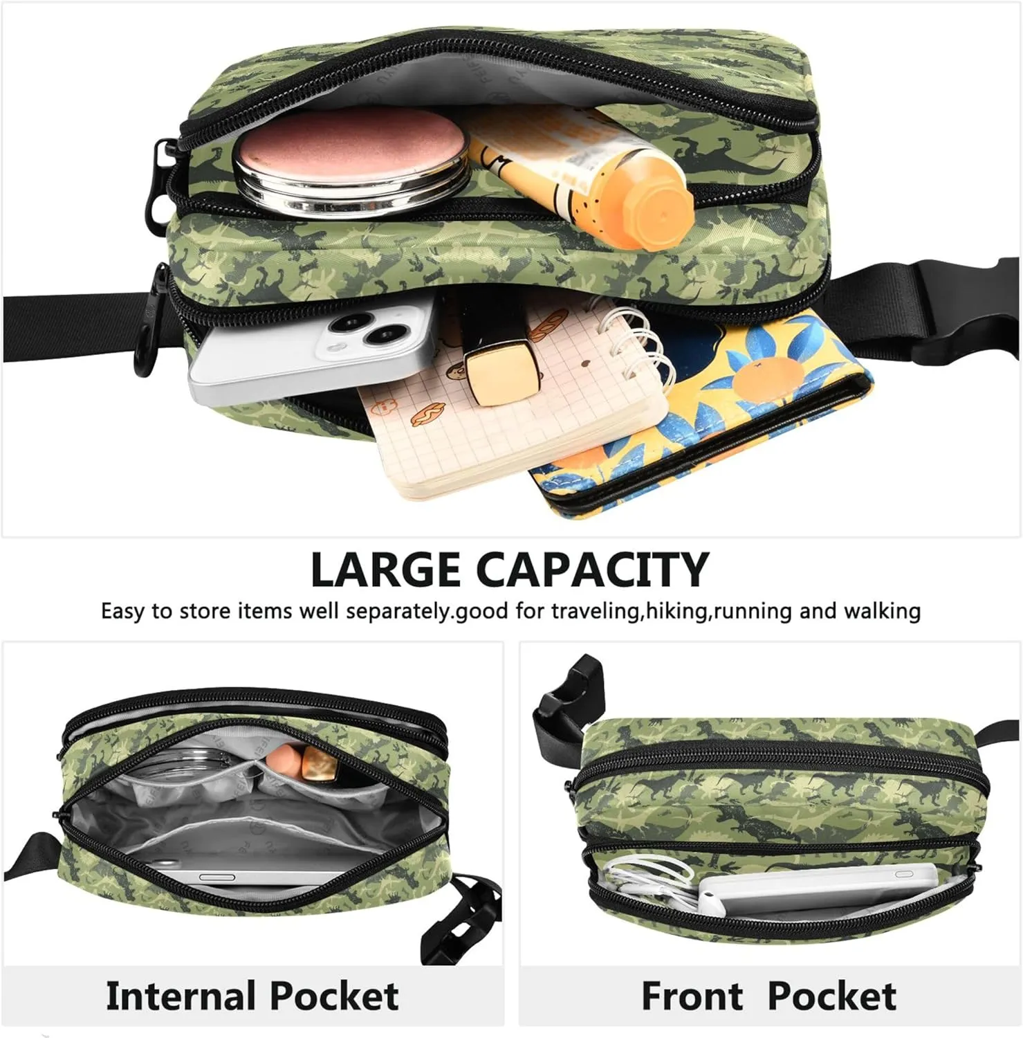 Custom Camouflage Dinosaur Green Women Fanny Packs Waterproof Hip Pack Belt Bag Festival Waist Pouches for Men