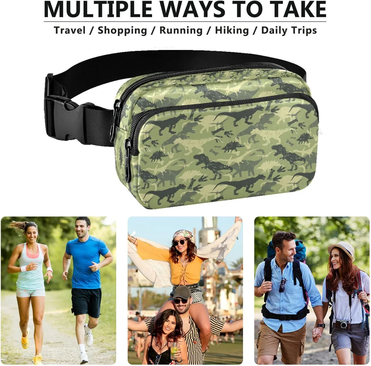 Custom Camouflage Dinosaur Green Women Fanny Packs Waterproof Hip Pack Belt Bag Festival Waist Pouches for Men