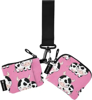 Cute Cow on P-ink Background Wristlet Wallet for Women, Detachable Dual Pouch Wristlet, Mini Zip Around Wallet Portable Coin Purses