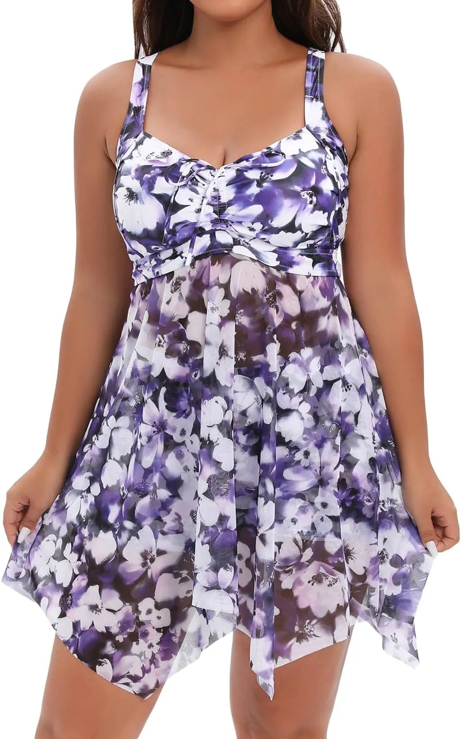 Daci Plus Size Two Piece Swim Dress with Shorts for Women Mesh Swimsuits Flowy Bathing Suits
