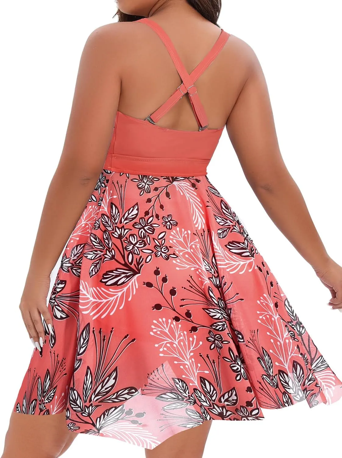 Daci Plus Size Two Piece Swim Dress with Shorts for Women Mesh Swimsuits Flowy Bathing Suits