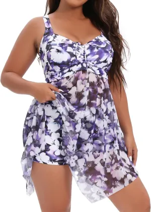 Daci Plus Size Two Piece Swim Dress with Shorts for Women Mesh Swimsuits Flowy Bathing Suits