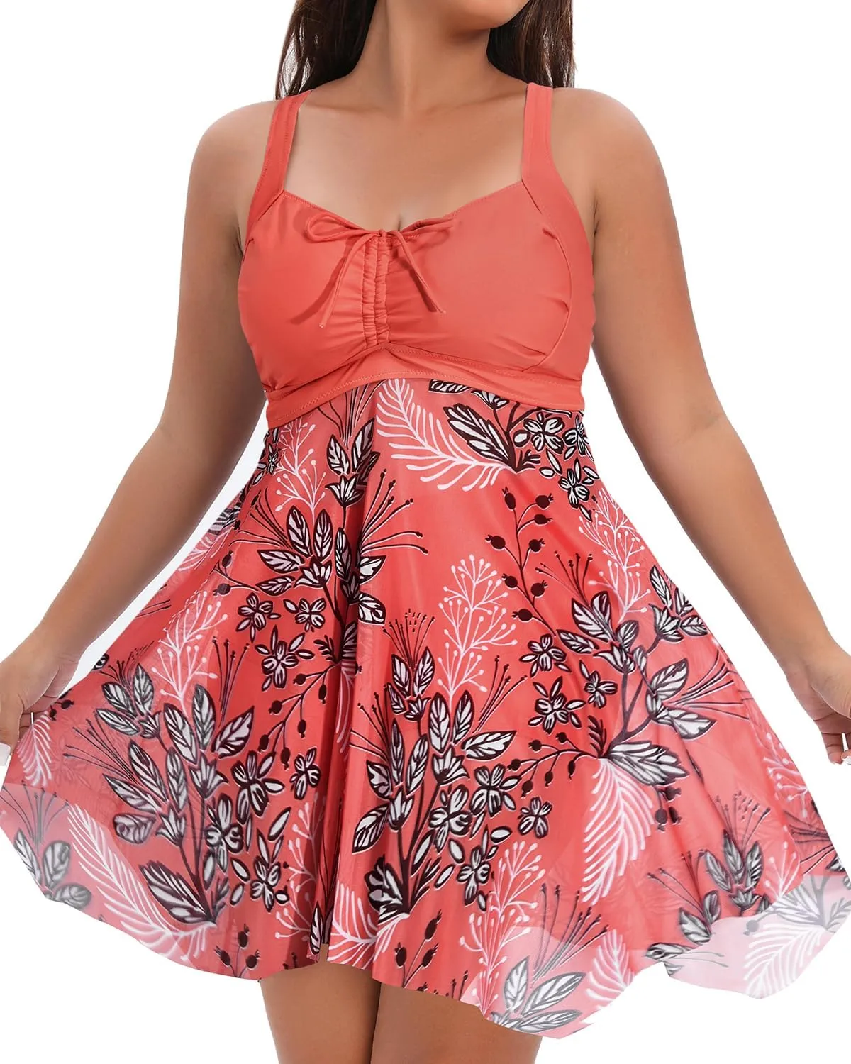 Daci Plus Size Two Piece Swim Dress with Shorts for Women Mesh Swimsuits Flowy Bathing Suits
