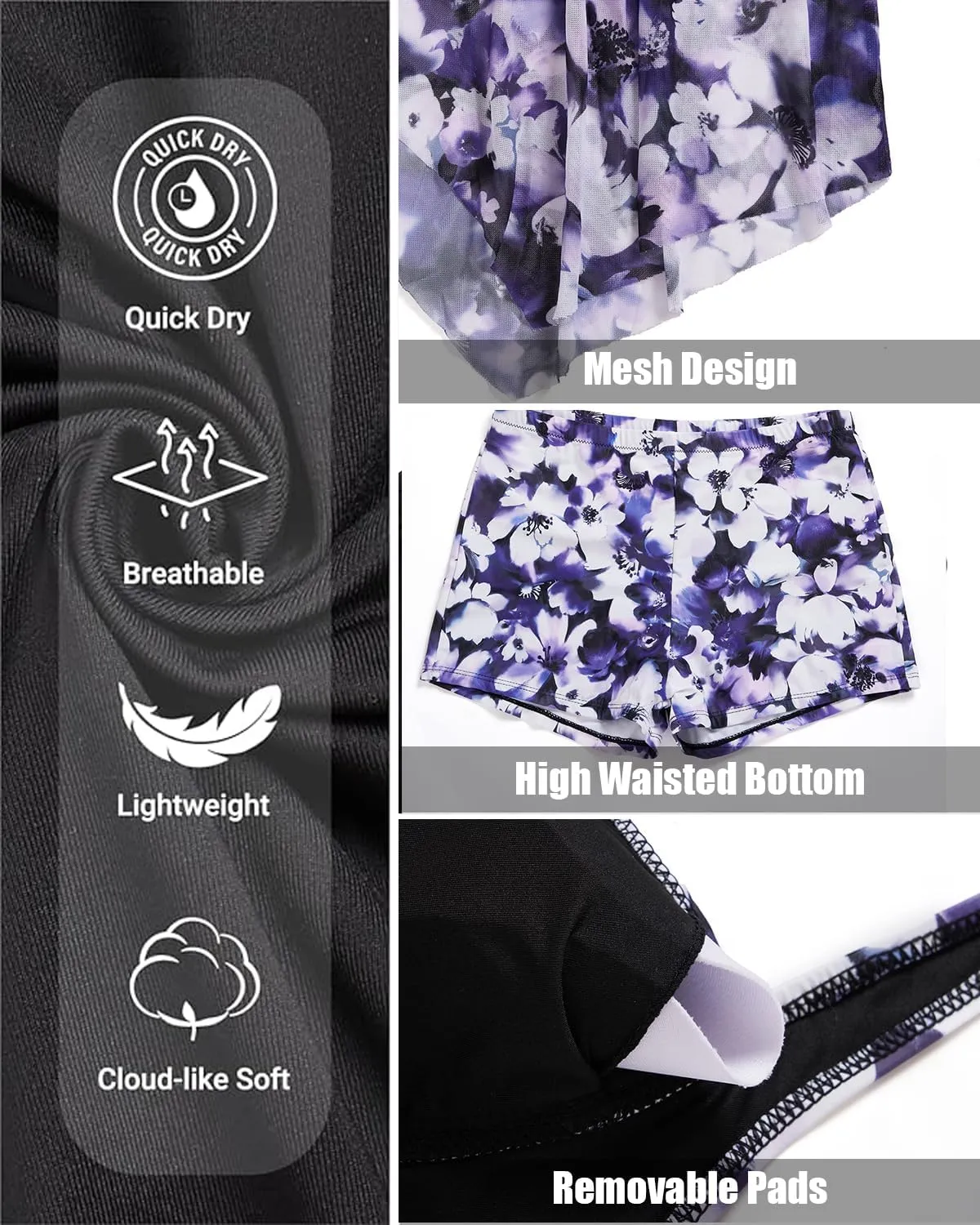 Daci Plus Size Two Piece Swim Dress with Shorts for Women Mesh Swimsuits Flowy Bathing Suits