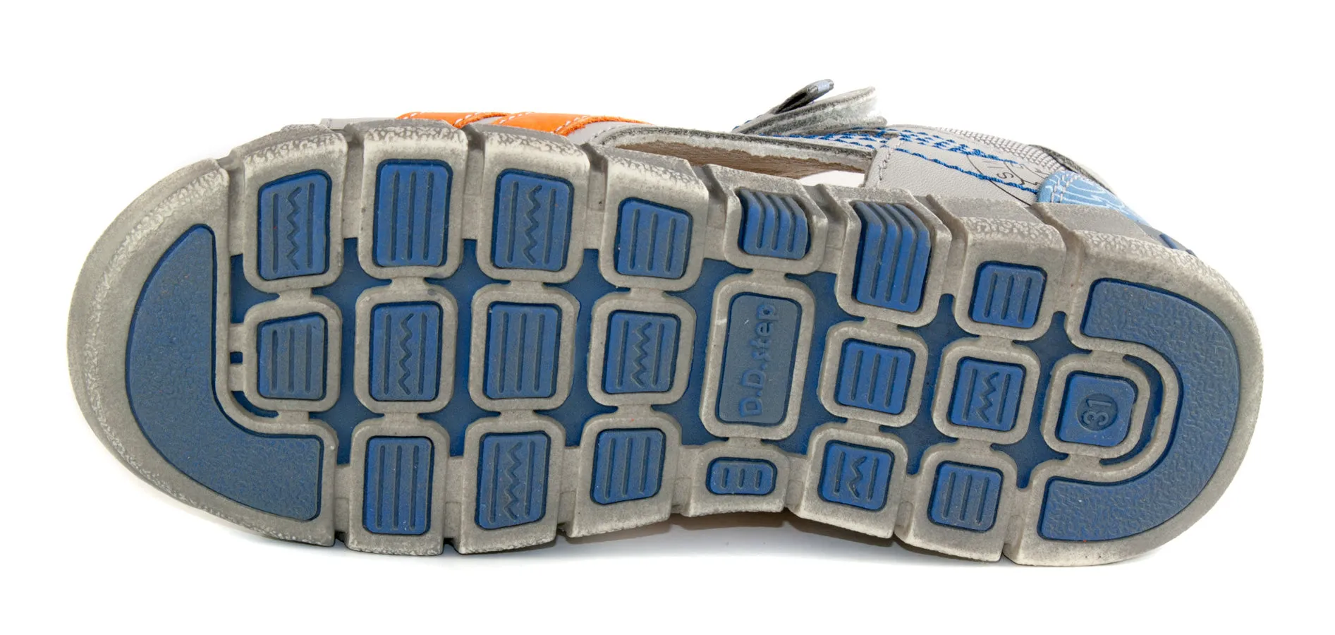 D.D. Step big kid boy sandals grey with orange stripes and blue heel size US 13-4