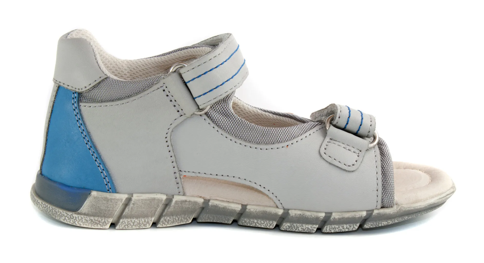 D.D. Step big kid boy sandals grey with orange stripes and blue heel size US 13-4