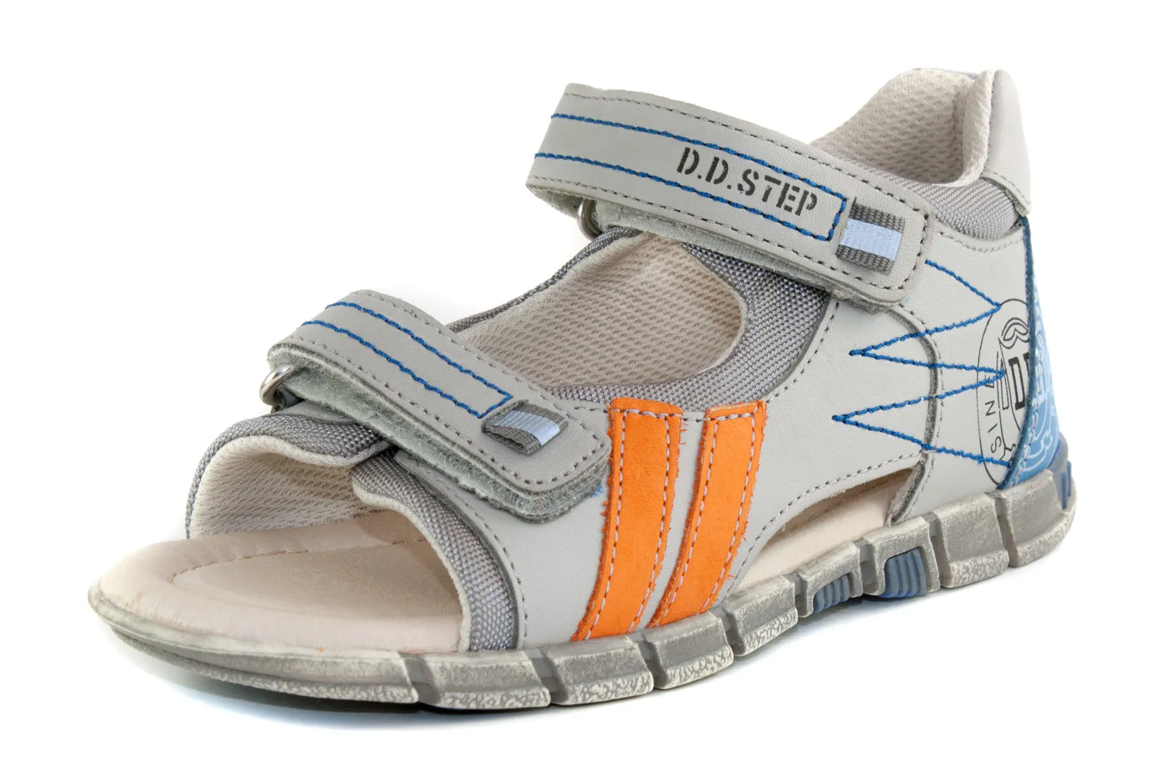 D.D. Step big kid boy sandals grey with orange stripes and blue heel size US 13-4