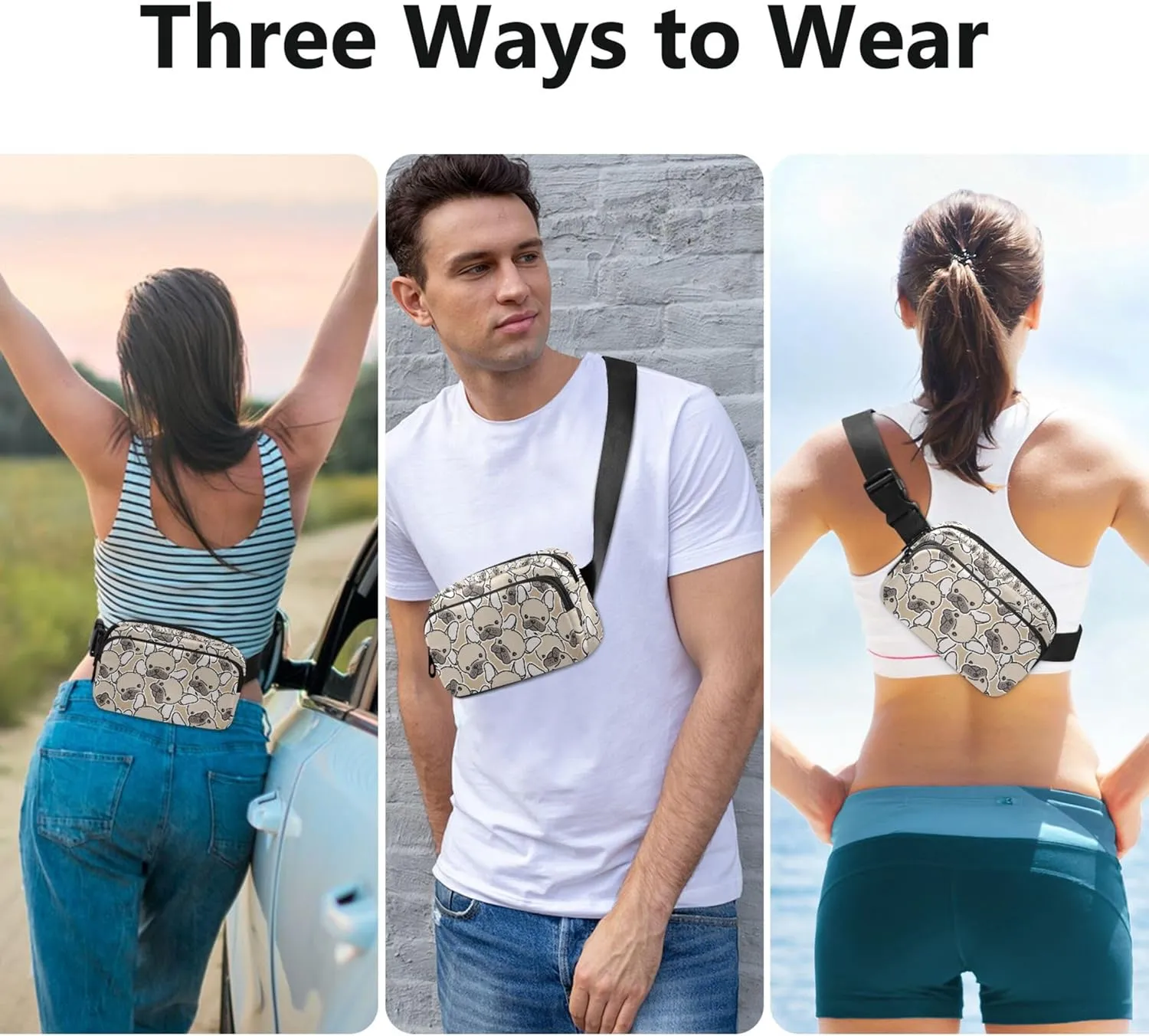 Dog French Bulldog Pug Waterproof Fanny Packs for Women Belt Bag Hip Pack Bright Waist Pouches for Men