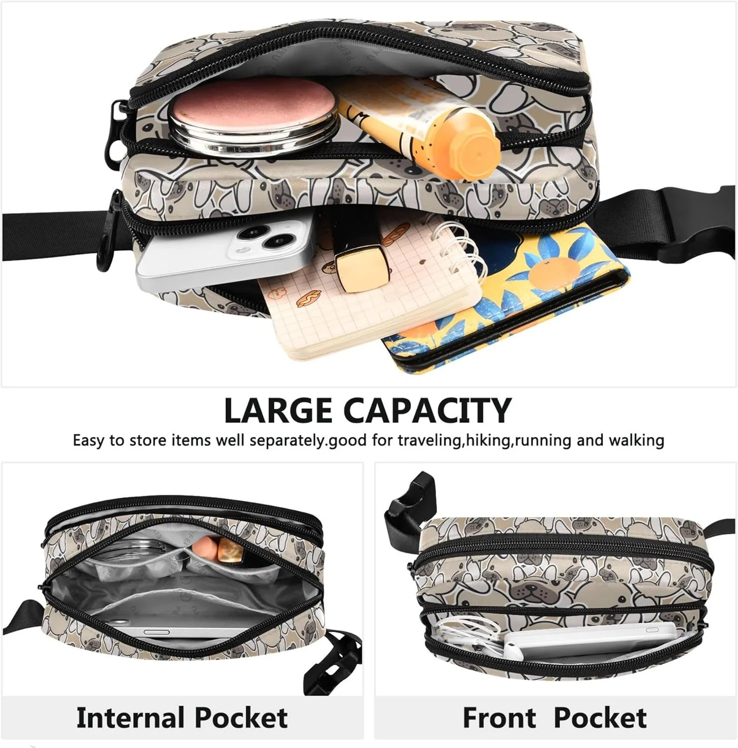 Dog French Bulldog Pug Waterproof Fanny Packs for Women Belt Bag Hip Pack Bright Waist Pouches for Men
