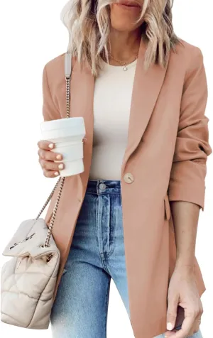 Dokotoo Womens Blazer for Spring 2024 Turn Down Collar Fashion Solid Color Buttoned Work Office Blazer Jackets for Women Business Casual Jacket Pink X-Large