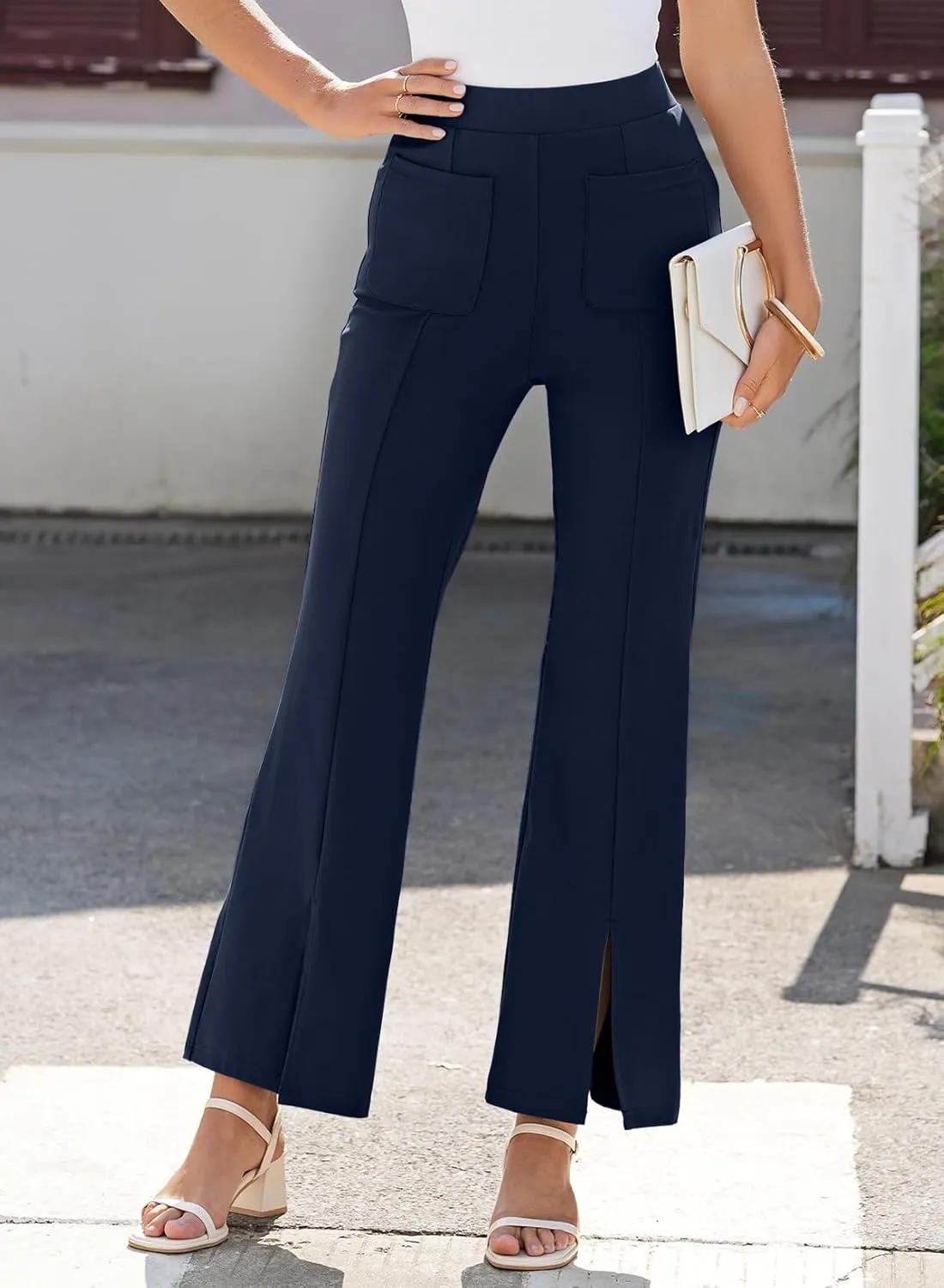 Dokotoo Women's High Waist Dress Pants with Pockets Yoga Business Casual Work Pants Split Hem Stretchy Trousers