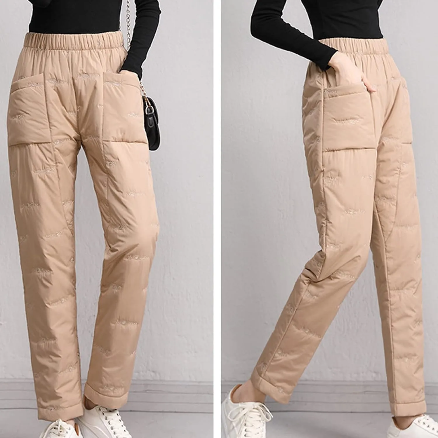Down Pants for Women Lightweight Puffy Hiking Pants Thermal High Waist Puffer Sweatpants Quilted Snow Ski Trousers