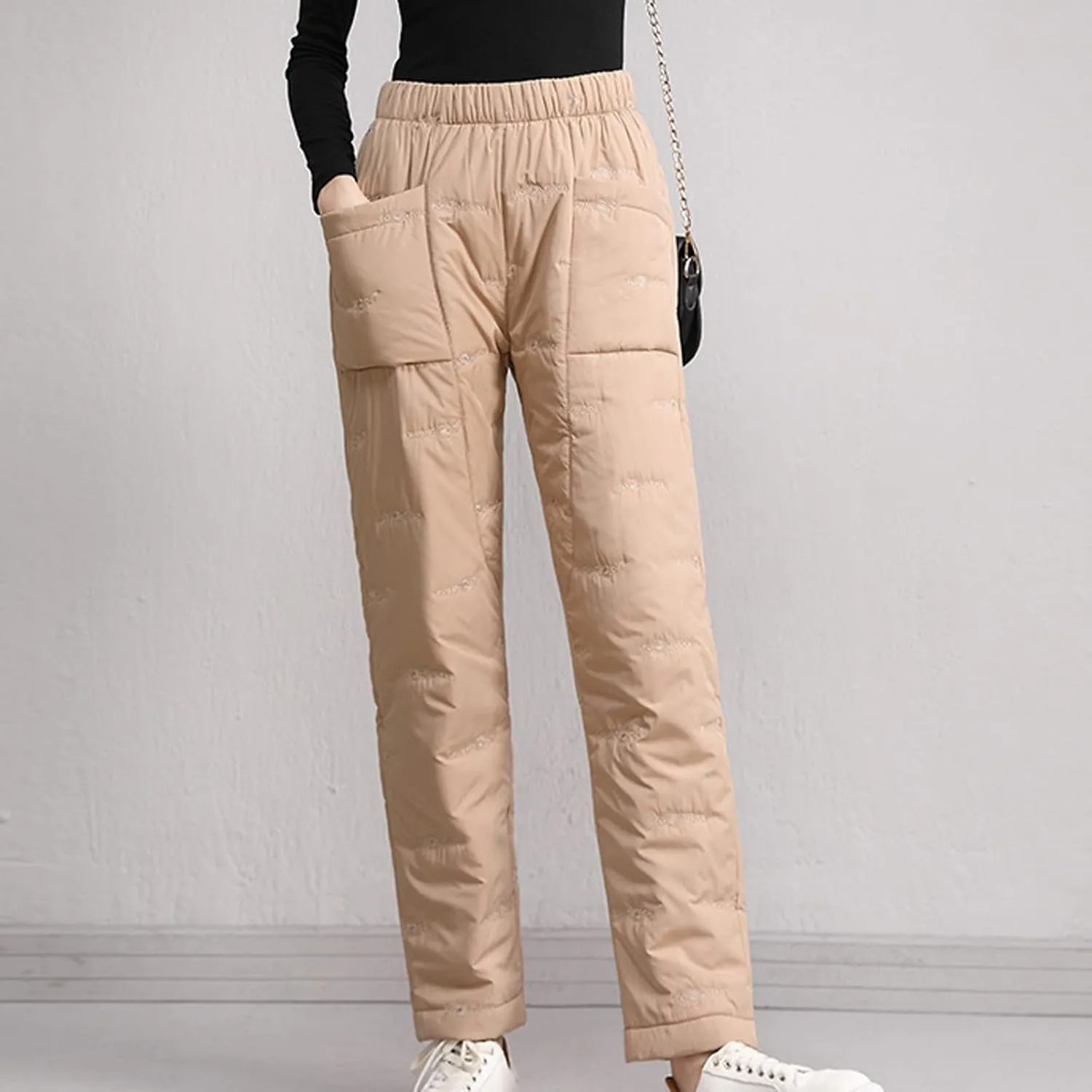 Down Pants for Women Lightweight Puffy Hiking Pants Thermal High Waist Puffer Sweatpants Quilted Snow Ski Trousers
