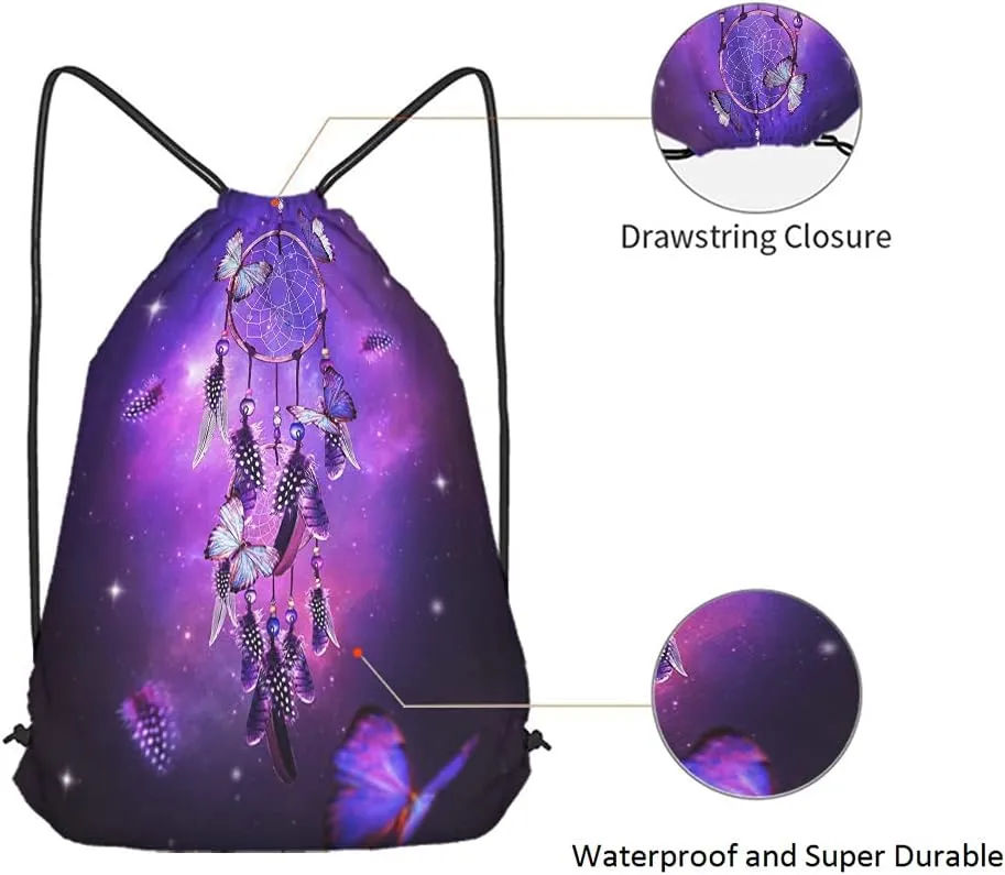 Dream Catcher Drawstring Bags Backpack Bag Butterfly Feather Boho Galaxy Purple Magic Style Stars Universe Sport Gym Sack Drawstring Bag String Bag Yoga Bag for Men Women
