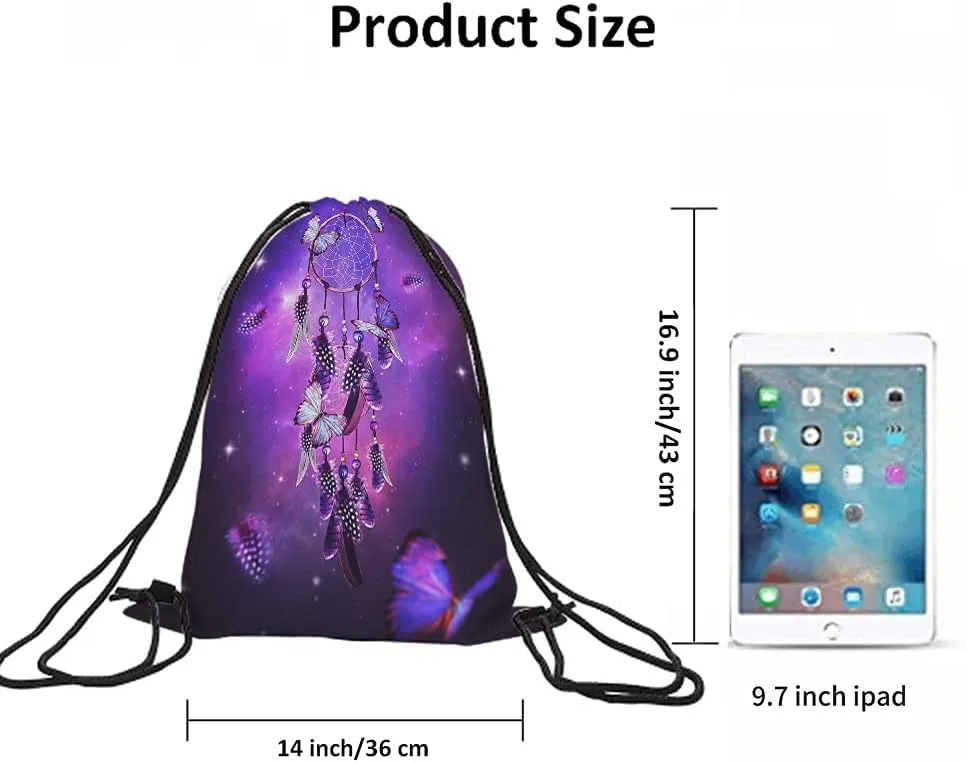 Dream Catcher Drawstring Bags Backpack Bag Butterfly Feather Boho Galaxy Purple Magic Style Stars Universe Sport Gym Sack Drawstring Bag String Bag Yoga Bag for Men Women