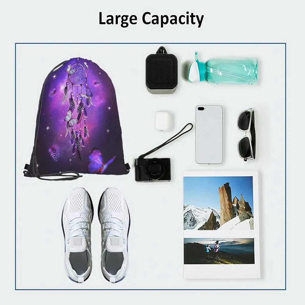 Dream Catcher Drawstring Bags Backpack Bag Butterfly Feather Boho Galaxy Purple Magic Style Stars Universe Sport Gym Sack Drawstring Bag String Bag Yoga Bag for Men Women