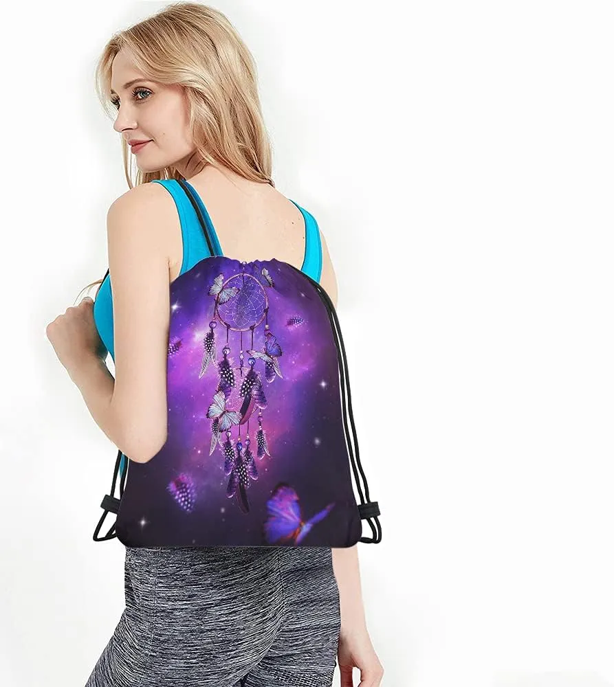 Dream Catcher Drawstring Bags Backpack Bag Butterfly Feather Boho Galaxy Purple Magic Style Stars Universe Sport Gym Sack Drawstring Bag String Bag Yoga Bag for Men Women