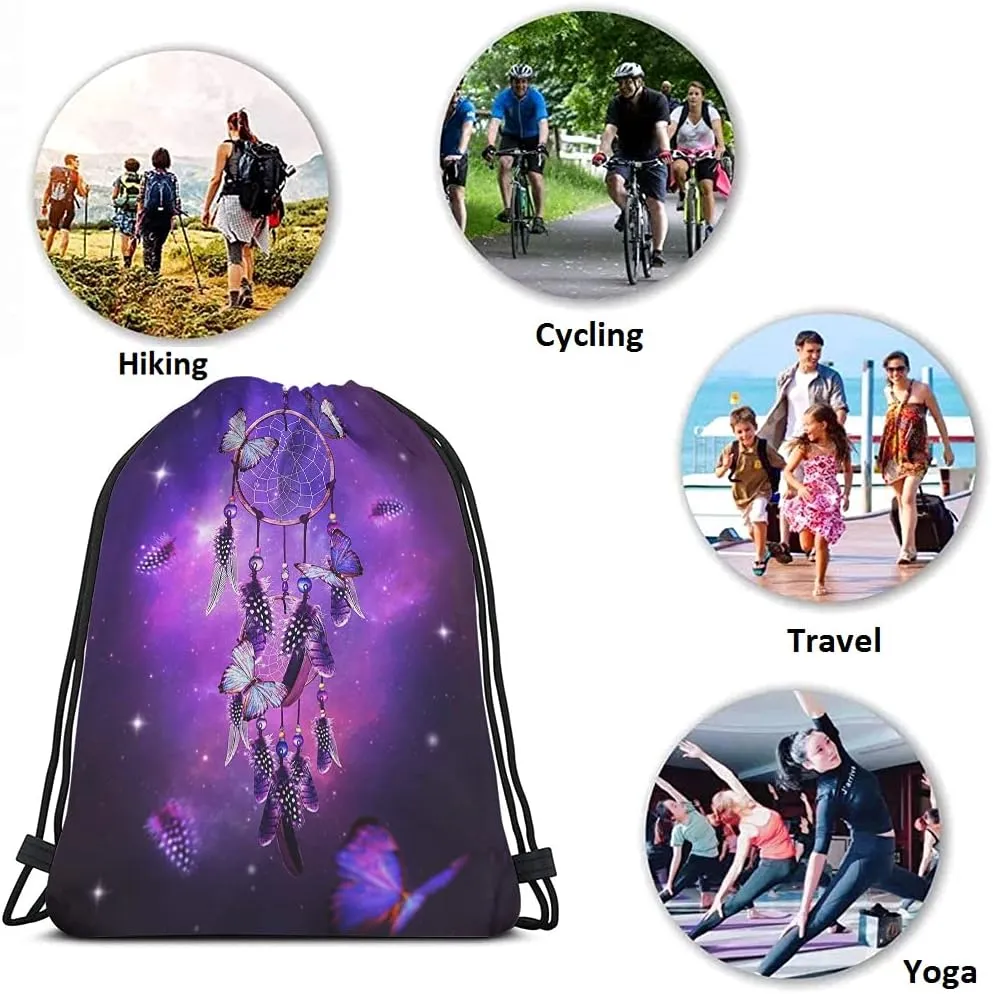 Dream Catcher Drawstring Bags Backpack Bag Butterfly Feather Boho Galaxy Purple Magic Style Stars Universe Sport Gym Sack Drawstring Bag String Bag Yoga Bag for Men Women