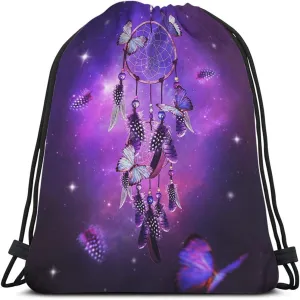 Dream Catcher Drawstring Bags Backpack Bag Butterfly Feather Boho Galaxy Purple Magic Style Stars Universe Sport Gym Sack Drawstring Bag String Bag Yoga Bag for Men Women