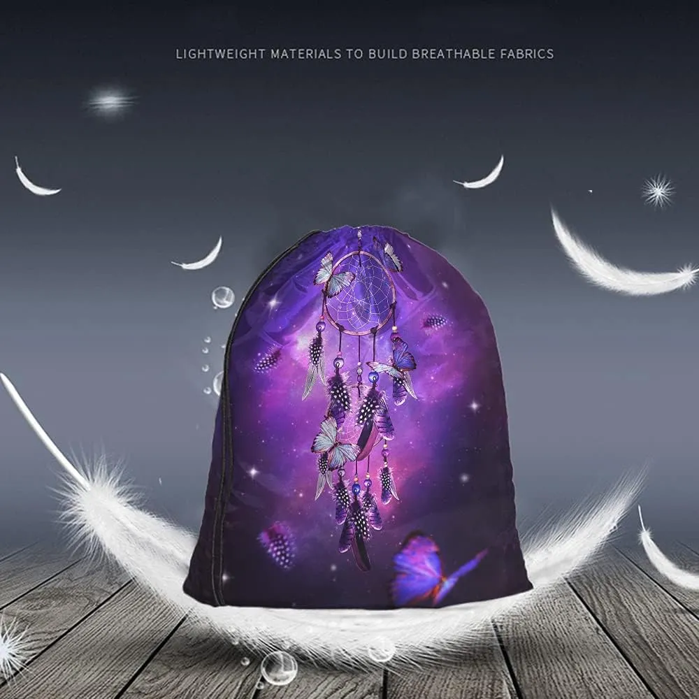 Dream Catcher Drawstring Bags Backpack Bag Butterfly Feather Boho Galaxy Purple Magic Style Stars Universe Sport Gym Sack Drawstring Bag String Bag Yoga Bag for Men Women