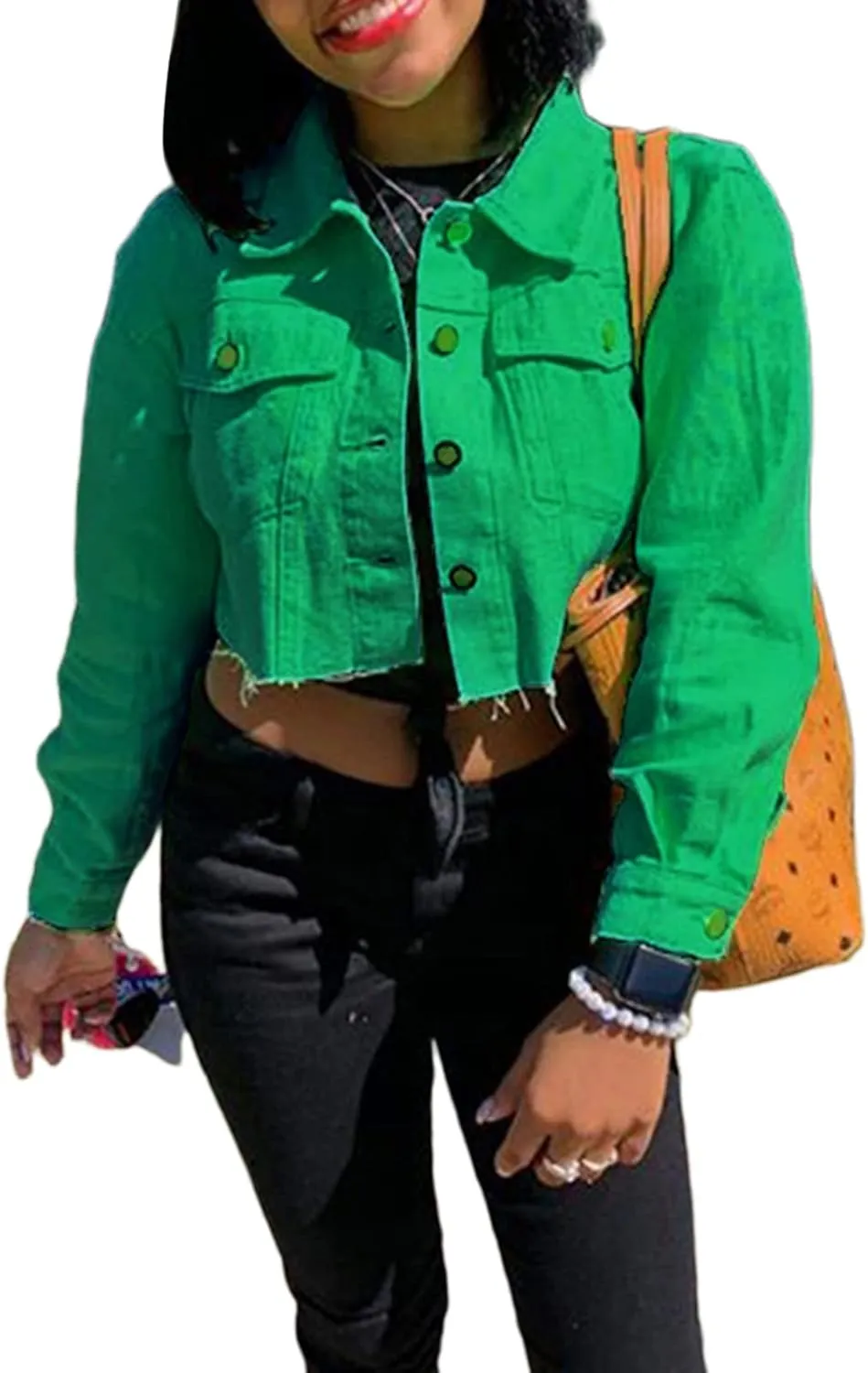 DSORVICD Women's Denim Short Coat, Solid Color Long Sleeve Lapel Jacket Button Down Distressed Hem Crop Jeans Coat