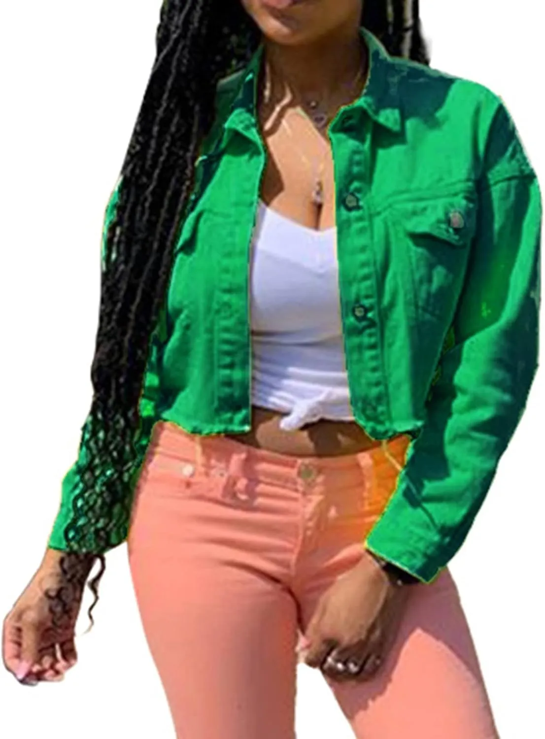 DSORVICD Women's Denim Short Coat, Solid Color Long Sleeve Lapel Jacket Button Down Distressed Hem Crop Jeans Coat