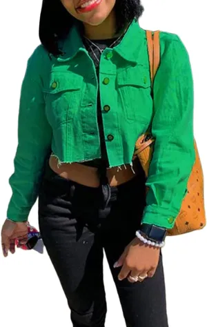 DSORVICD Women's Denim Short Coat, Solid Color Long Sleeve Lapel Jacket Button Down Distressed Hem Crop Jeans Coat