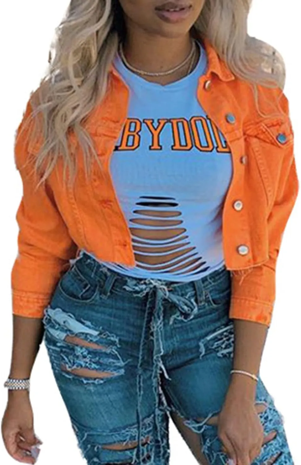 DSORVICD Women's Denim Short Coat, Solid Color Long Sleeve Lapel Jacket Button Down Distressed Hem Crop Jeans Coat
