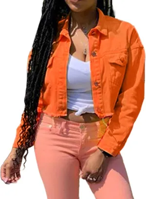 DSORVICD Women's Denim Short Coat, Solid Color Long Sleeve Lapel Jacket Button Down Distressed Hem Crop Jeans Coat