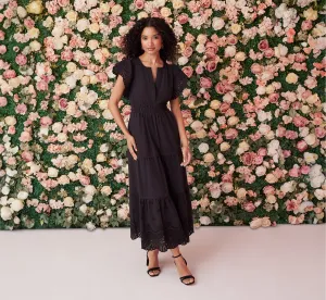 Eyelet Maxi Dress With Scalloped Short Sleeves In Black