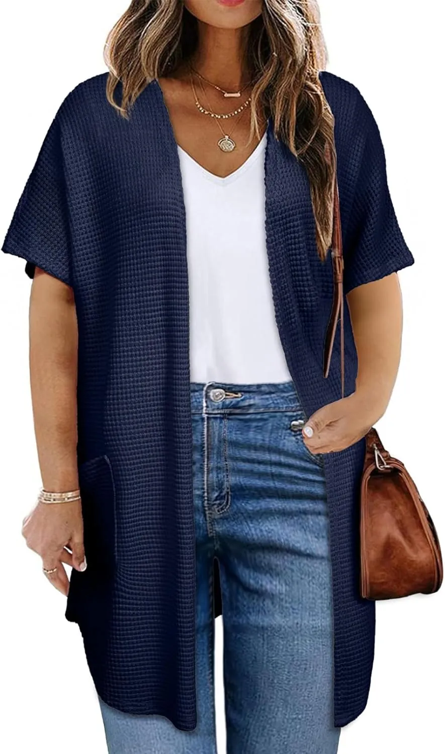 Eytino Womens Plus Size Cardigan Casual Short Sleeve Waffle Knit Long Kimono Open Front Tops with Pockets(1X-5X)