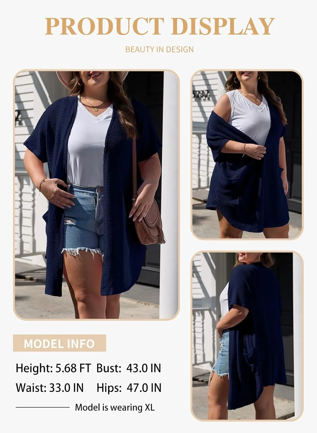 Eytino Womens Plus Size Cardigan Casual Short Sleeve Waffle Knit Long Kimono Open Front Tops with Pockets(1X-5X)