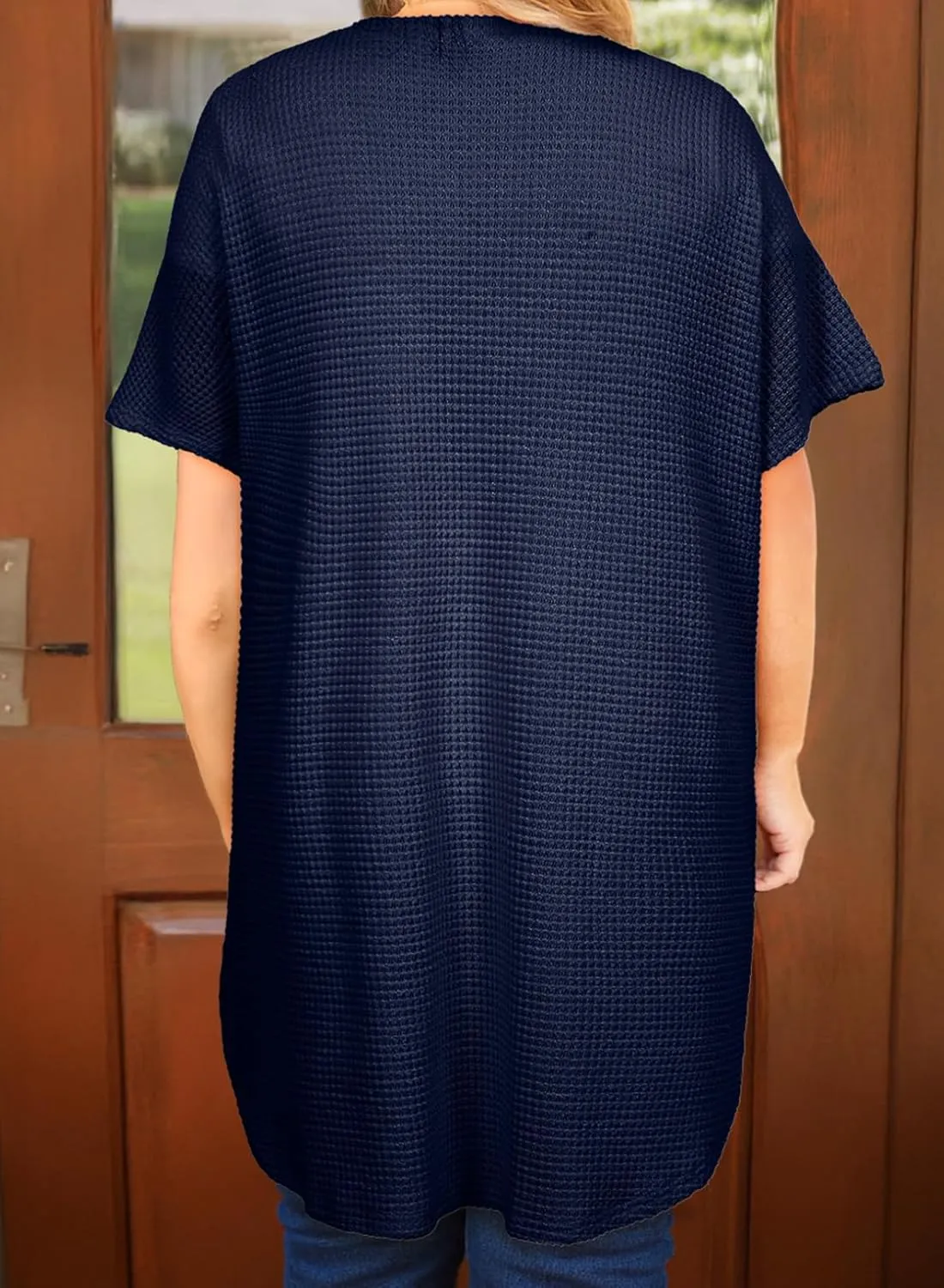 Eytino Womens Plus Size Cardigan Casual Short Sleeve Waffle Knit Long Kimono Open Front Tops with Pockets(1X-5X)