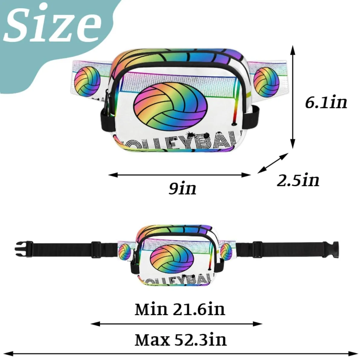 Fanny Pack for Men Women, Waterproof Sports Waist Bag Pack, Volleyball Belt Bag for Travel Hiking Running, Travel Chest Bag with Adjustable Strap, Colorful Volleyball