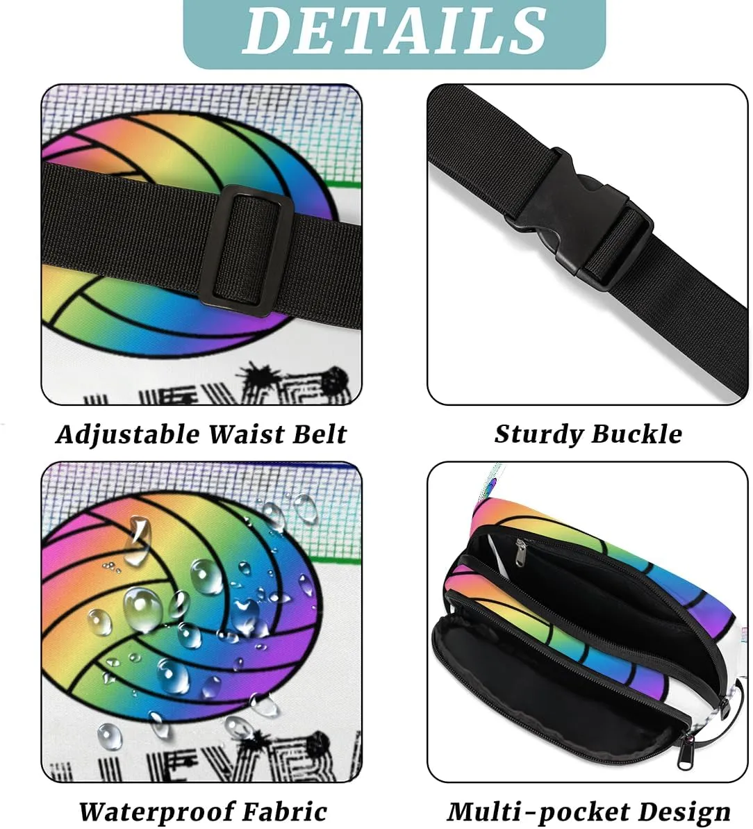 Fanny Pack for Men Women, Waterproof Sports Waist Bag Pack, Volleyball Belt Bag for Travel Hiking Running, Travel Chest Bag with Adjustable Strap, Colorful Volleyball